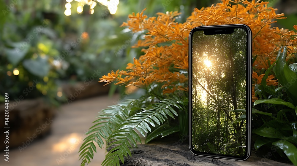 Poster forest canopy glimpse displayed on mobile device screen surrounded by ferns and goldenrod plants.