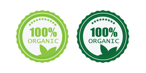 100% Organic Green Circular Badges with Leaf Motif – Eco-Friendly Vector Labels for Natural Products