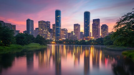 Fototapeta premium A city skyline at dawn, with tall skyscrapers reflecting the soft pink and orange hues of the morning light.