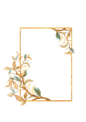 Floral illustration. Gold frame with branch and leaves. Hand drawn decorative border for card