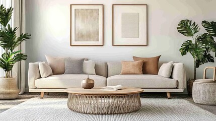 Modern scandi-style living room with elegant sofa, coffee table, and minimalist decor accents.