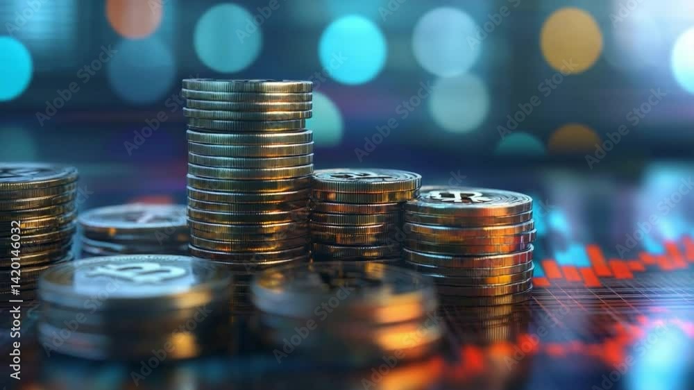 Poster coin stacks over chart: a close-up view of meticulously stacked coins forming impressive piles, agai