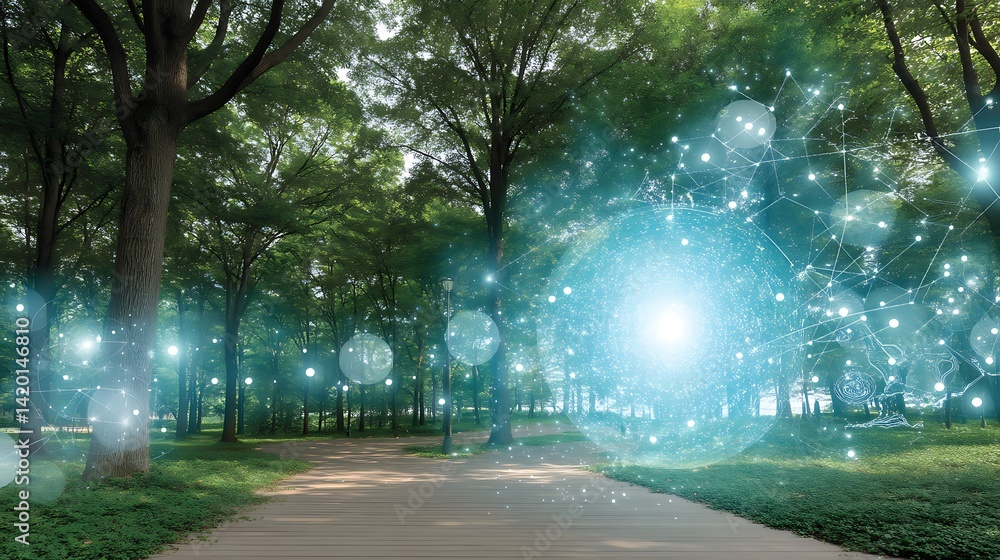 Poster forest pathway enhanced with digital connectivity and luminous light effects for network visualizati