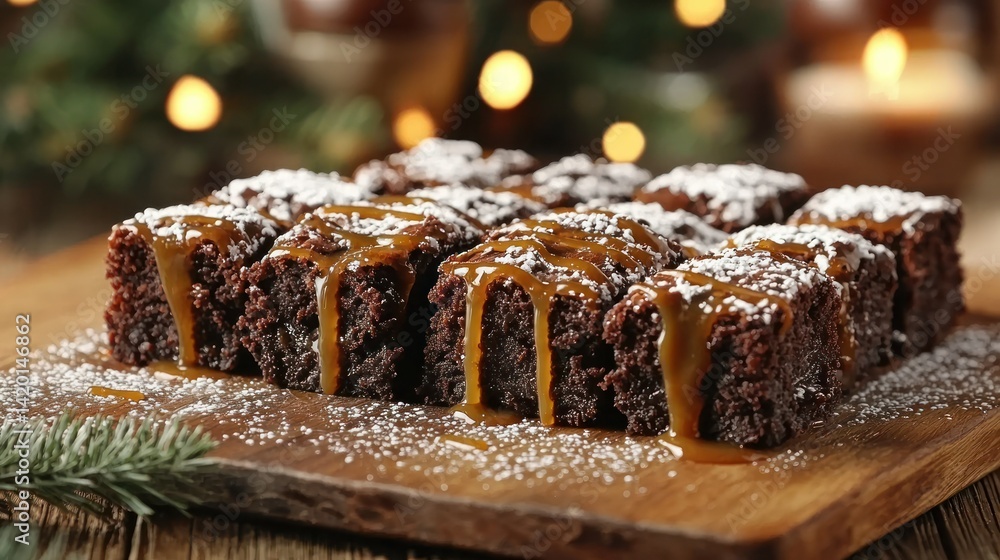 Poster a tray of gooey chocolate brownies topped with a drizzle of caramel and a sprinkle of powdered sugar