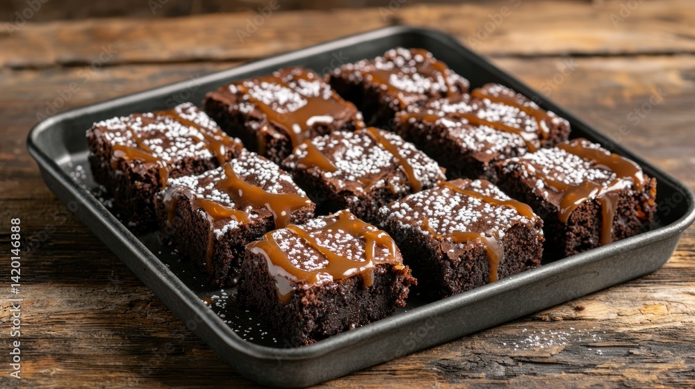 Poster a tray of gooey chocolate brownies topped with a drizzle of caramel and a sprinkle of powdered sugar