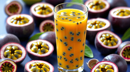 Passion Fruit Juice with Passion Fruits
A tall glass of vibrant orange-yellow passion fruit juice with seeds visible inside, surrounded by whole and halved passion fruits spilling their juicy interior