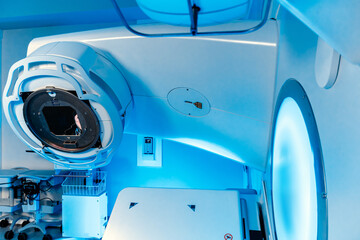 Close-up of a medical linear accelerator in therapeutic oncology. Concept of modern medical...