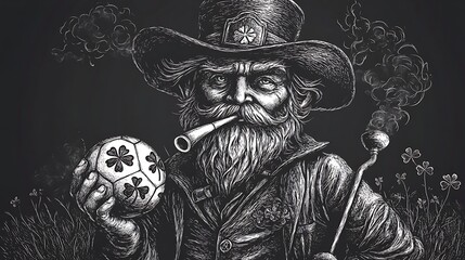 Illustration showing leprechaun holding soccer ball surrounded by luck symbols