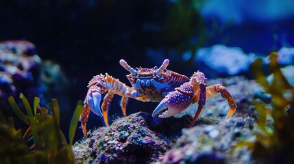 A decorator crab in its natural underwater habitat, camouflaged with seaweed and coral.