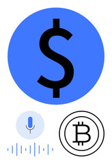 Dollar sign icon in blue circle, Bitcoin logo, and voice command microphone with sound wave equalizer. Ideal for finance, technology, cryptocurrency, voice search, money transfer, digital economy
