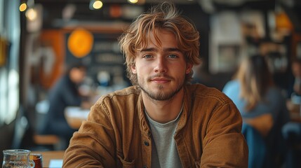 Obraz premium Young man with reddish hair smiles in a cafe setting with blurred background.
