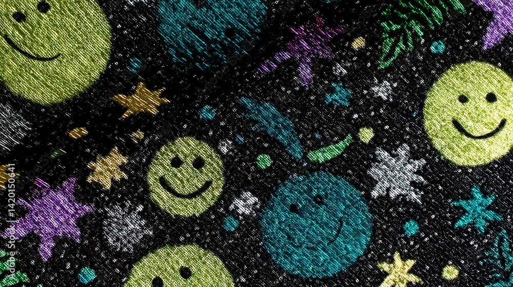 Poster fun playful texture pattern of colorful smiley faces stars and shapes on black background textile de