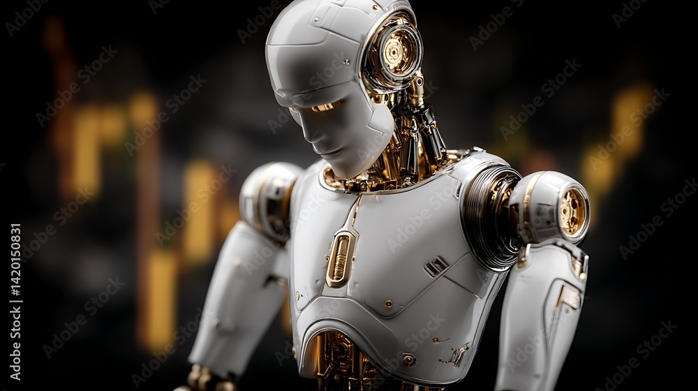 Poster futuristic android gaze technology integration artificial intelligence concept rendered image.