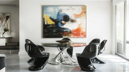 Modern dining area with abstract art and unique chairs