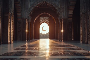 Mosque interior, sunlight through archway