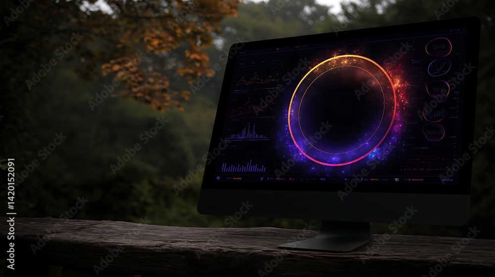 Poster futuristic computer interface displaying circular graphic pattern on wooden table in outdoor setting