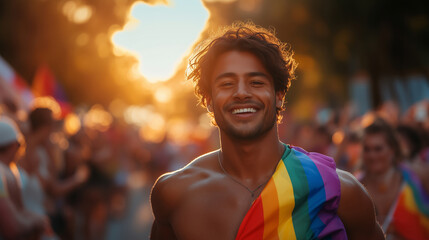 Happy latino gay young man with rainbow flag smiling at pride parade during sunset in celebration of lgbt freedom love and diversity. 