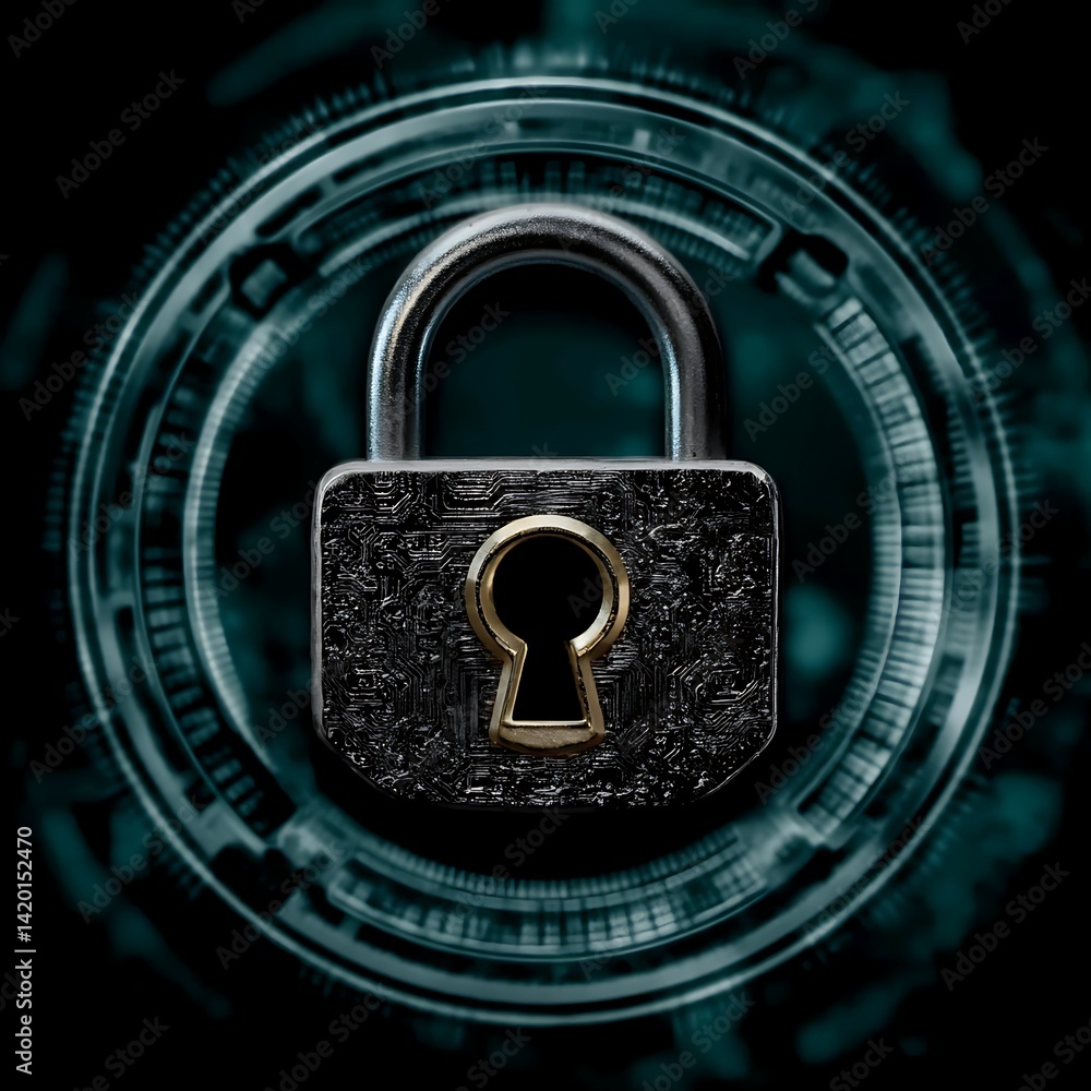 Poster futuristic digital security system represented by padlock with intricate electronic circuitry design
