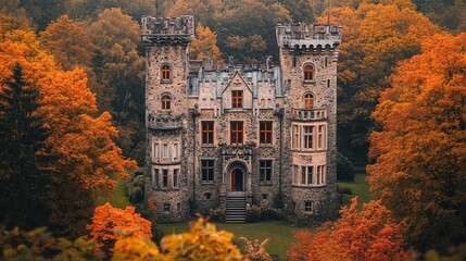 Naklejka premium A historic castle surrounded by autumn trees, cinematic look 