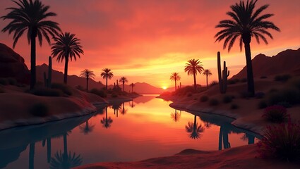 Obraz premium Still Desert Oasis at Sunset Reflecting Orange Sky and Palm Trees