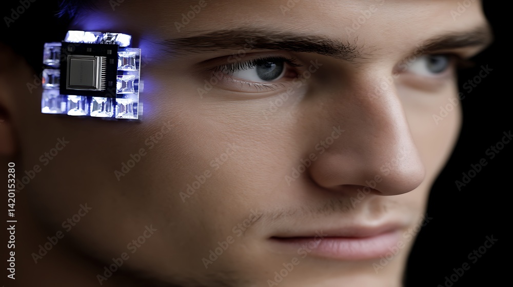 Poster futuristic humanoid with integrated microchip interface for advanced biometric data and cybernetic a