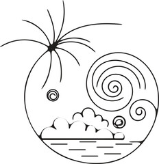 Abstract Tropical Island Scene Line Art Illustration