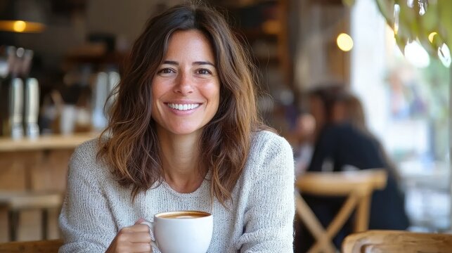 A delighted woman sitting in a cozy cafÃ©, smiling while holding a cup of coffee and enjoying the ambiance.