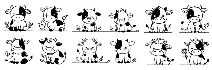 Collection of line vectors of cow animals