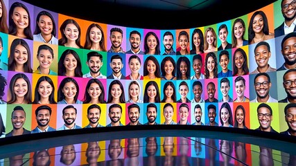Curved digital screen displays diverse smiling faces for online video meeting