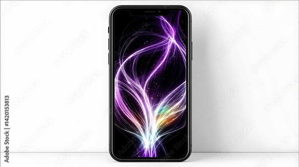 Poster futuristic mobile device screen displaying abstract light patterns on a white backdrop surface.