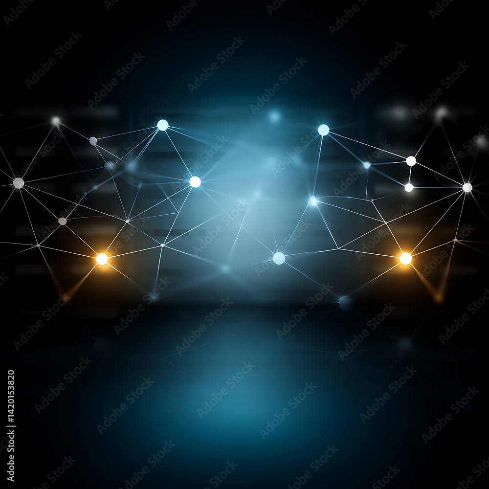 Poster futuristic network communication system abstract digital nodes and connections visualization.