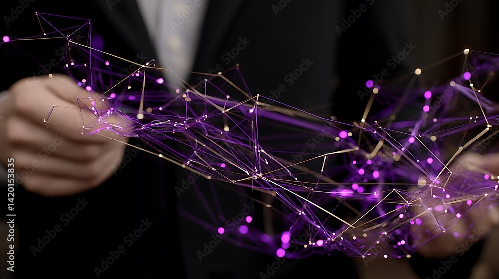 Poster futuristic network connection visualized with digital points and lines in person hands close up.