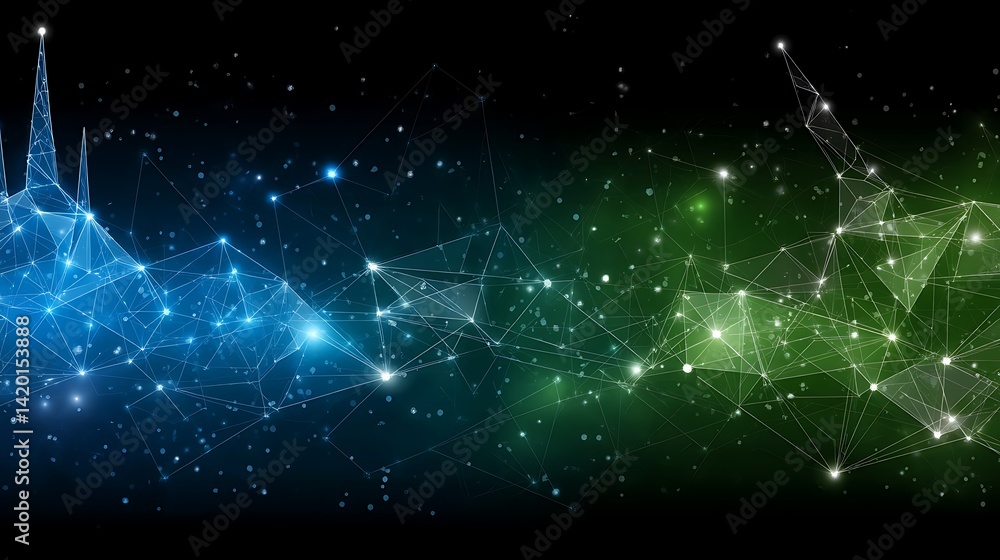 Poster futuristic network connectivity with interlinked polygons and glitching data transfer concept.