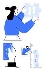 Woman holding puzzle piece with arrows, hand managing money, figure stacking blocks labeled risk. Ideal for business strategy, decision-making, teamwork, problem-solving, growth, finance simple