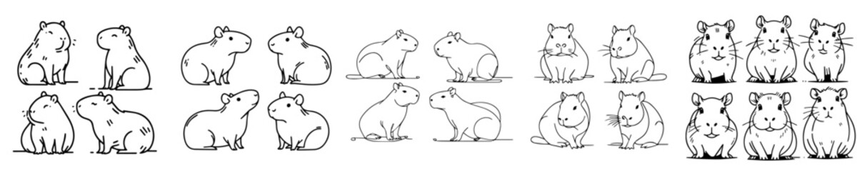 Collection of line vectors of capybara animals