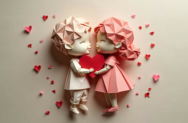 Origami Paper Art of a Loving Couple Embracing a Heart – Romantic and Creative Design