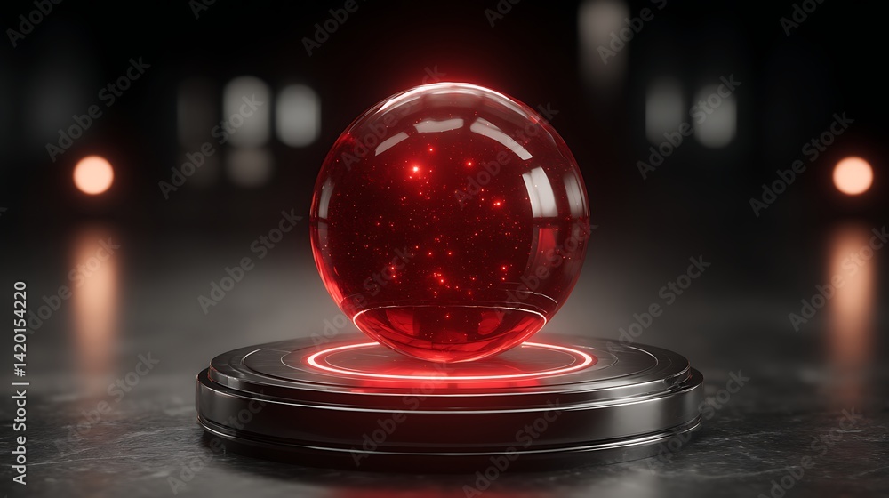 Poster futuristic red sphere on metallic platform displaying advanced technology and glowing light effects.