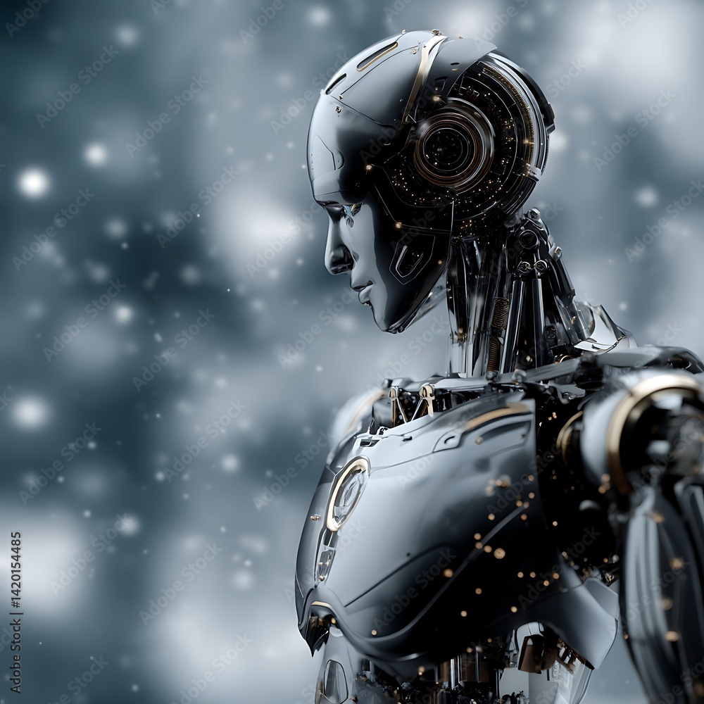 Poster futuristic robot figure head and body concept displaying advanced technological innovation.