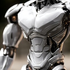Futuristic Robotic Body Armour with Streamlined Metallic Design and Advanced Technology Integration.