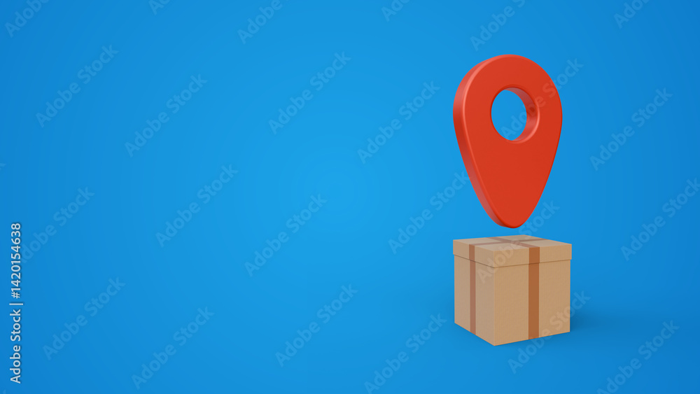 Poster map pointer with a delivery box on blue background. delivery courier service, time to shopping conce