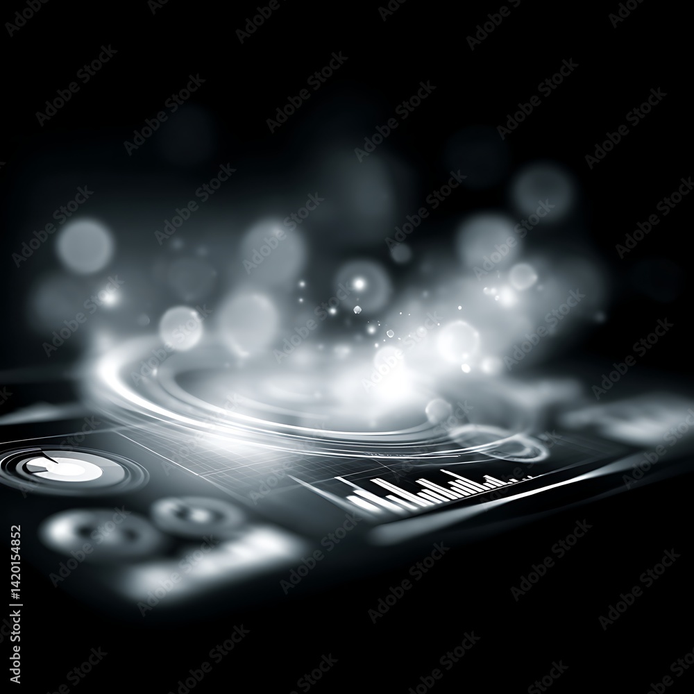 Poster futuristic technology interface display with abstract glowing spheres visual data representation.