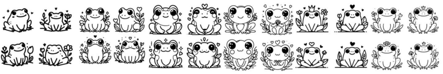 Collection of line vectors of frog animals