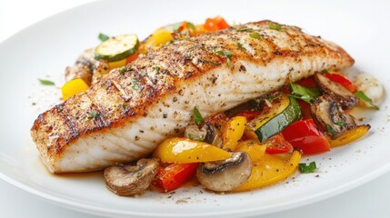 Whole grilled seabass fillet placed on a clean white plate with yellow and red bell peppers
