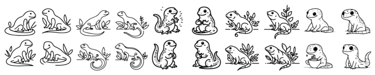 Collection of line vectors of lizard, chameleon and gecko animals