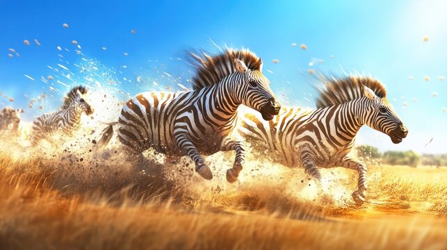 Zebras galloping across savanna, dust flying, wildlife scene, nature background