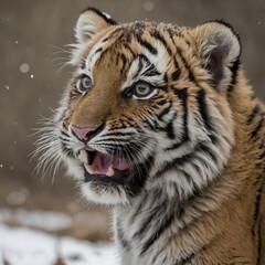 "A baby tiger looking up with big eyes, soft fur texture, white background"