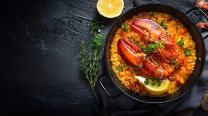 Traditional Spanish dinner meal arroz con bogavante lobster rice dish seafood broth luxurious and rich cuisine served in black pan over rustic dark background top down presentation