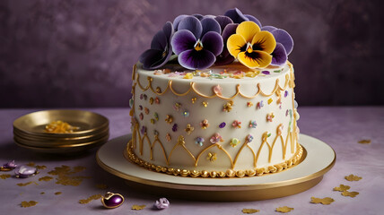 A joyful birthday background with a 3 tier birthday cake, adorned with a cake topper of Happy 50th and delicately crafted frosting decorations. A vibrant and delectable confection, showcasing