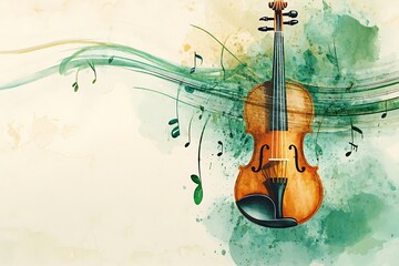 A captivating watercolor illustration of an Irish fiddle paired with flowing musical notes is ideal for St. Patrick's Day event promotions, posters, and branding.