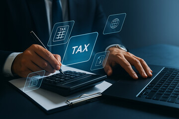 Obraz premium Businessman calculating tax using calculator and laptop with virtual tax icon